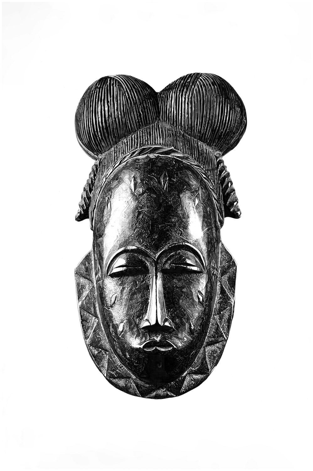 Amlan, masque yaouré, dessin aux crayons graphite et encre